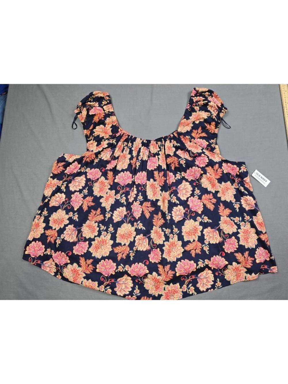 Old Navy Floral Print Scoop Neck Top 4X Navy Pink Orange NEW Made In India